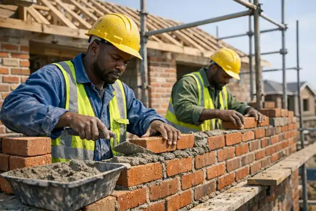 Bricklayers building a wall
