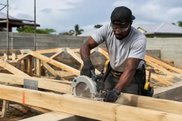 Carpenter cutting timber