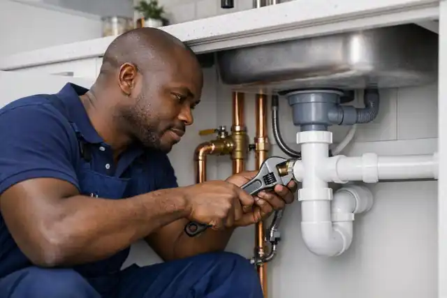 Plumber installing pipes
