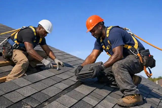 Roofers installing roof tiles