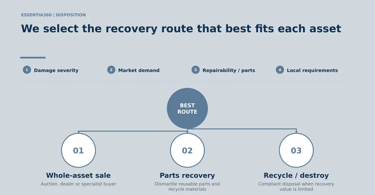 Disposition: each asset is assessed on damage severity, market demand, repairability and parts, and local requirements to choose the best route: whole-asset sale by auction, dealer or specialist buyer; parts recovery by dismantling reusable parts and recycling materials; or recycle and destroy, for compliant disposal when recovery value is limited.